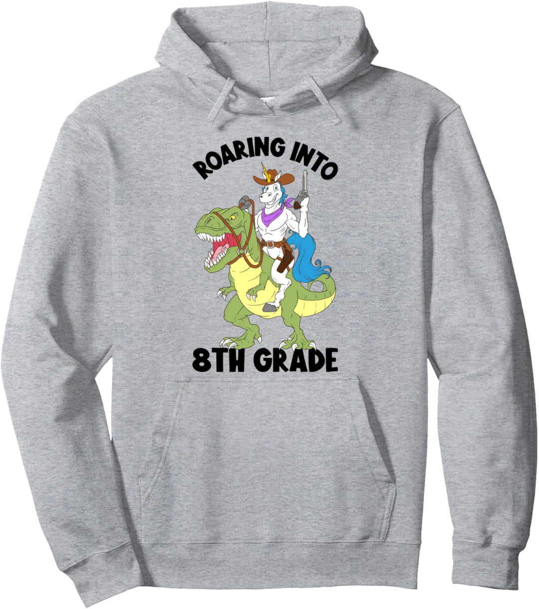 Roaring Into 8th Grade Einhorn auf Dinosaurier Back To School Pullover Hoodie