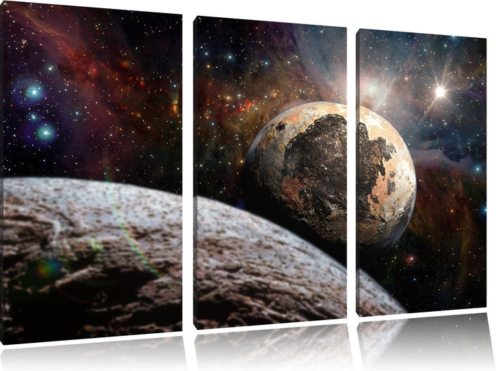 Pixxprint Alien Planeten im Weltall / 3-Teilig/Gesamtmass 120cm Leinwandbild bespannt auf Holzrahmen