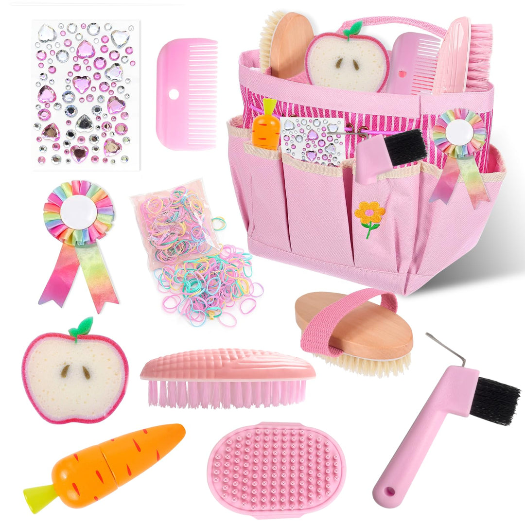 11 Stück Pferde Putzbox Spielzeug, Putzkasten Pferd Kinder mit Tasche, Bürsten, Kamm und Hufkratzer,