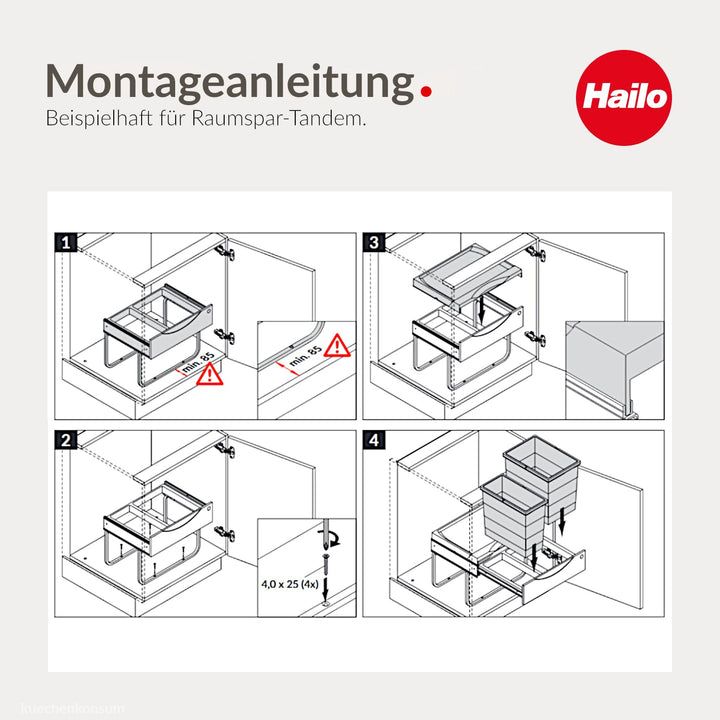 Hailo Abfallsammler 3644702 | Raumspar-Tandem-S | 30L Einbau-Mülleimer | 2-fach Trennung 18 + 12 Lit