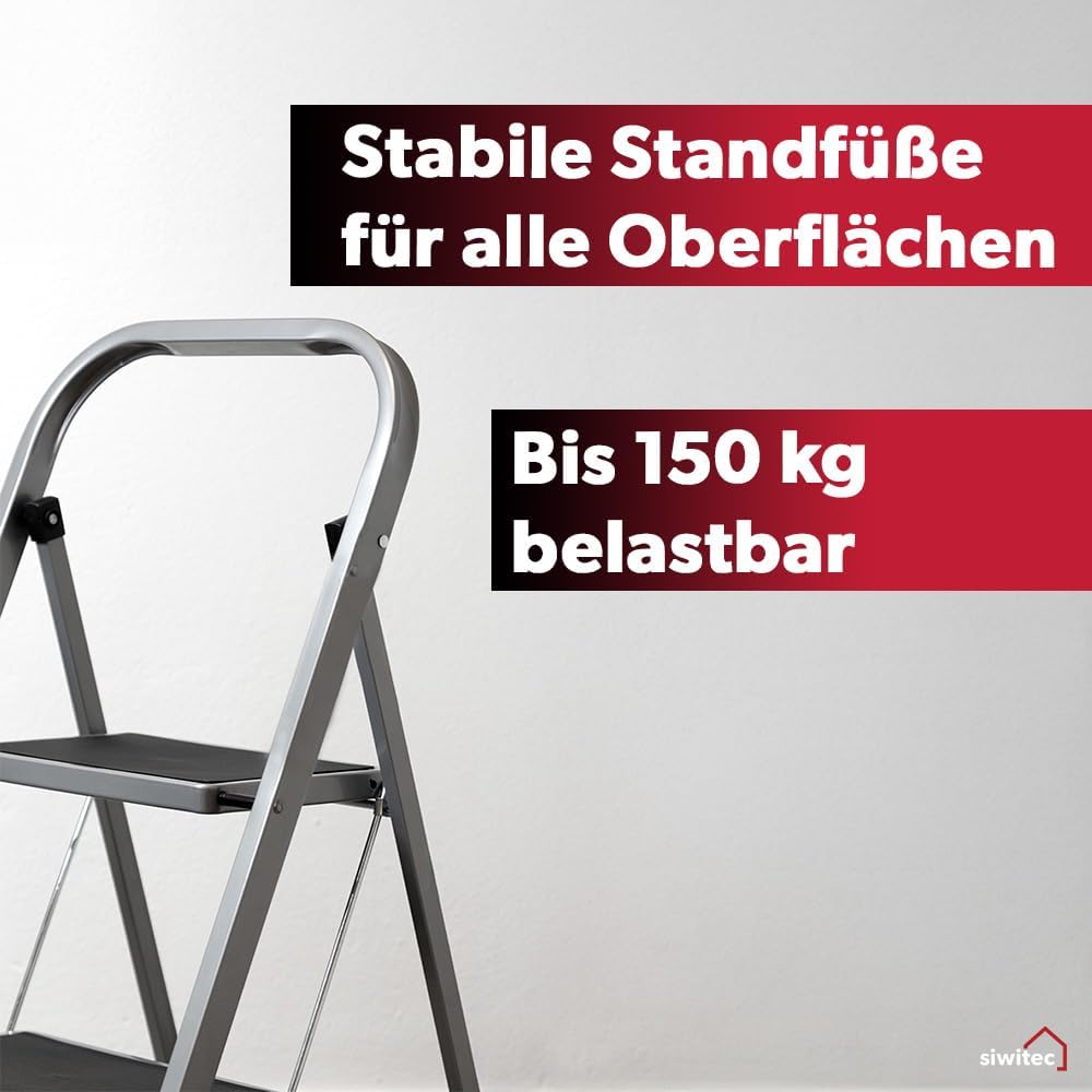 siwitec Klapptritt aus Stahl mit 2 Stufen, anthrazit, kleine Leiter mit Anti-Rutschmatten, 150 kg Tr