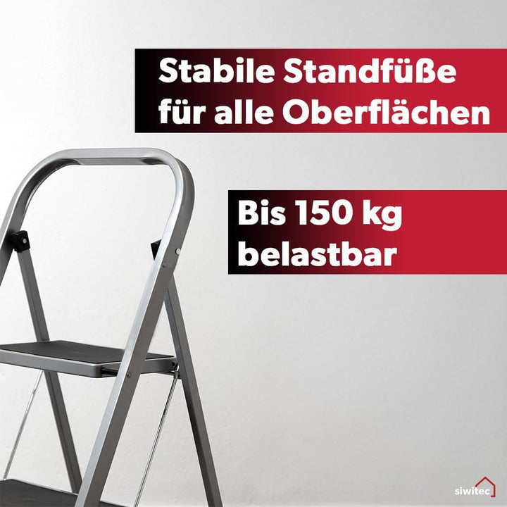 siwitec Klapptritt aus Stahl mit 2 Stufen, anthrazit, kleine Leiter mit Anti-Rutschmatten, 150 kg Tr