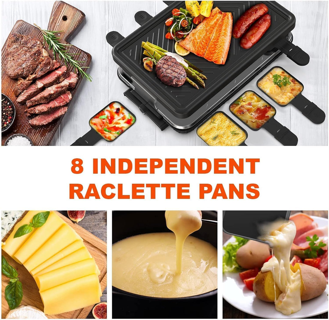 HengBO Raclette Grill für 8 Personen mit 8 Antihaft-Pfännchen, Stufenlos Verstellbare Grillplatte, E
