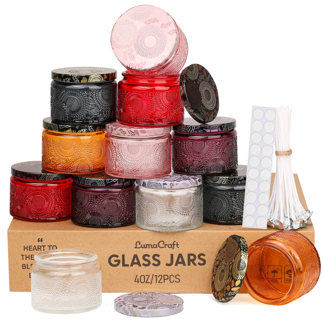 LumaCraft Candle Luxus Relief Kerzengläser zum Kerzen giessen- 12er Pack Leere Glasgefässe mit Luftd