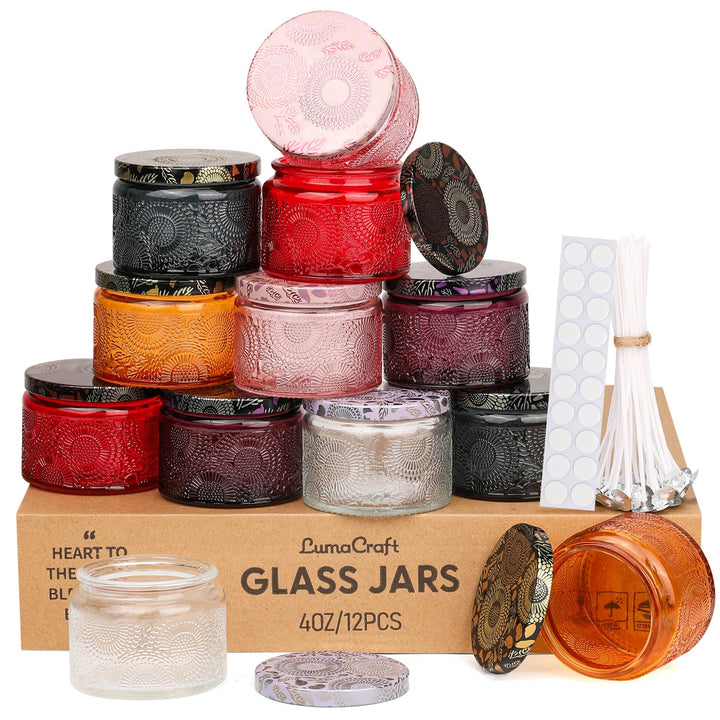 LumaCraft Candle Luxus Relief Kerzengläser zum Kerzen giessen- 12er Pack Leere Glasgefässe mit Luftd