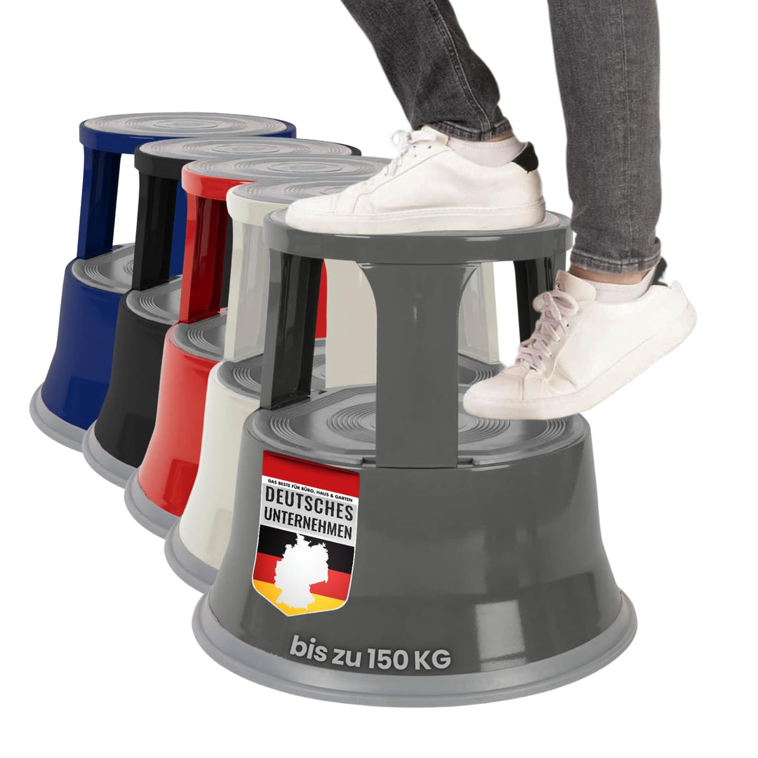 Tritthocker aus Stahl von Casa Pura®, mit Rollen, rutschfeste Gummi-Trittfläche, stoss- & rostbestän