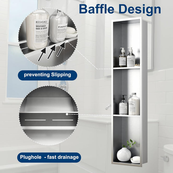 Neodrain Wandnische Dusche Edelstahl Dreifach-Duschnische Wandnische Lagerung für Badezimmer 90x20 c