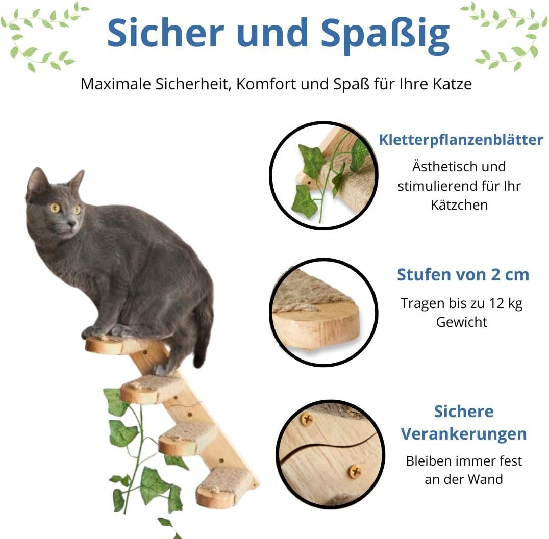 Katzentreppe - Katzenleiter Wandmontage aus Massivholz mit Juteseil und Dekorativen Blättern - Katze