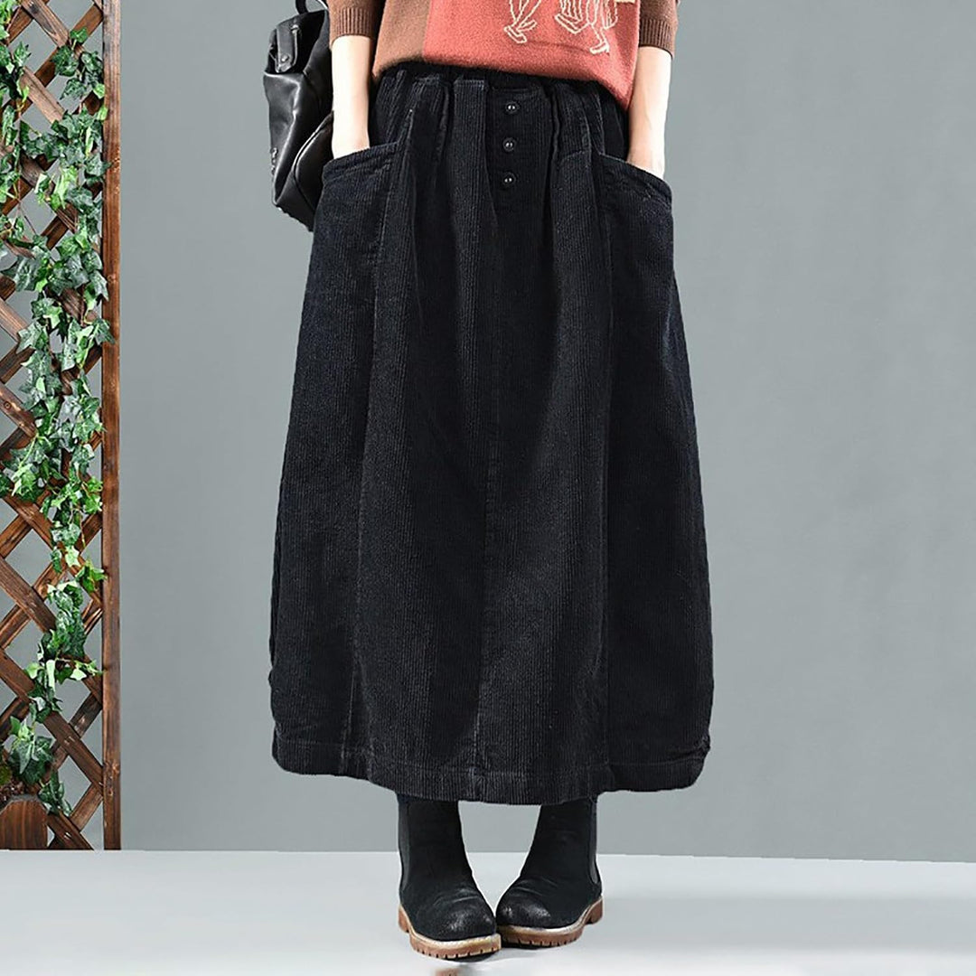 Generisch 2025 Damenrock Winter Cordrock Frauen Midi Lange Röcke Weibliche elastische Taille A-Linie