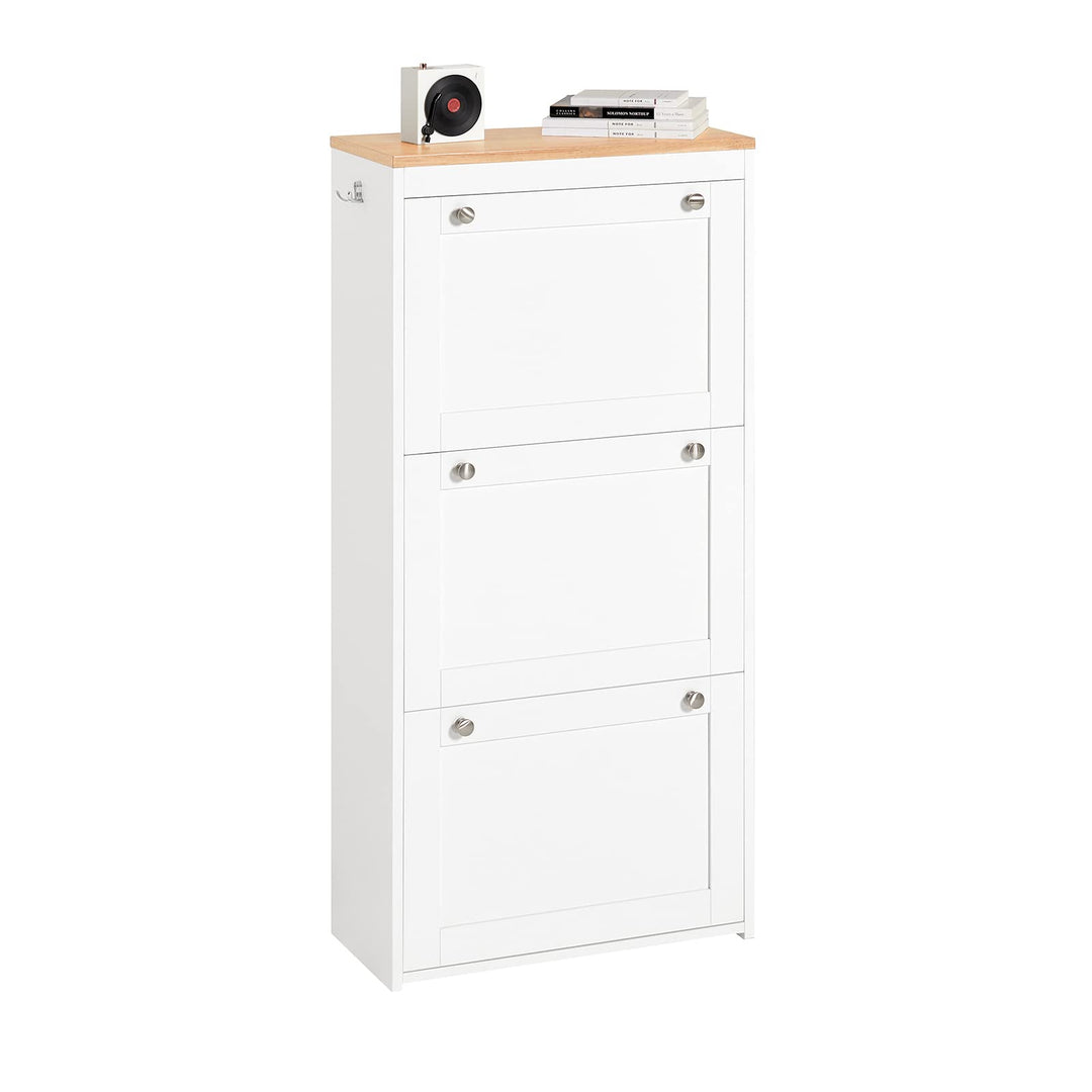SoBuy Schuhschrank Schmal mit 2 Haken Schuhkipper Schmal mit 3 Klappen Schuhablage, Schuhkommode, We