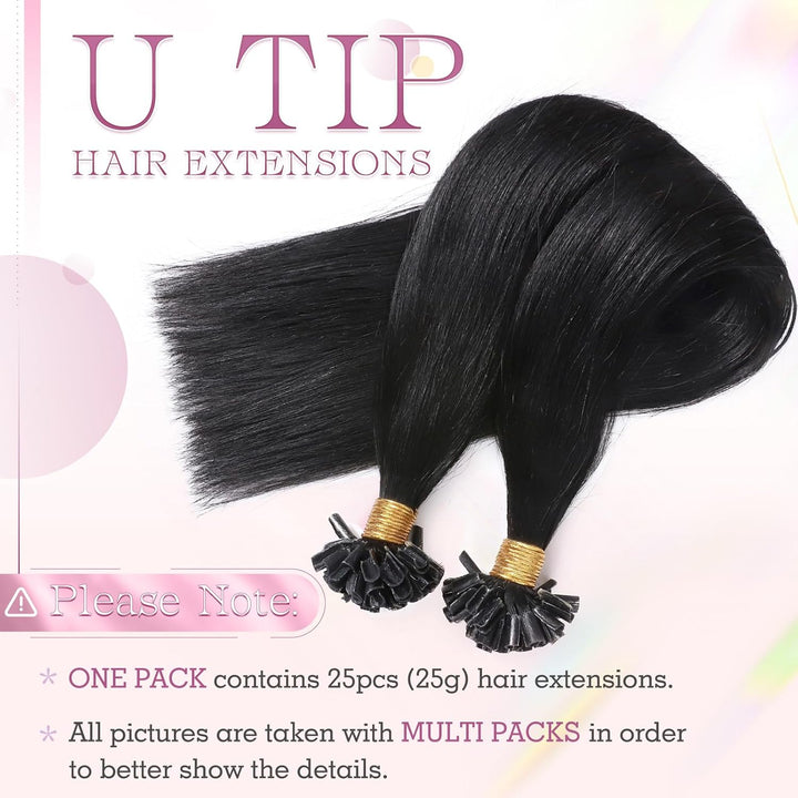 Elailite Bonding Extensions Echthaar Schwarz 25 Strähnen 25g Haarverlängerung Glatt U Tip Keratin Ha