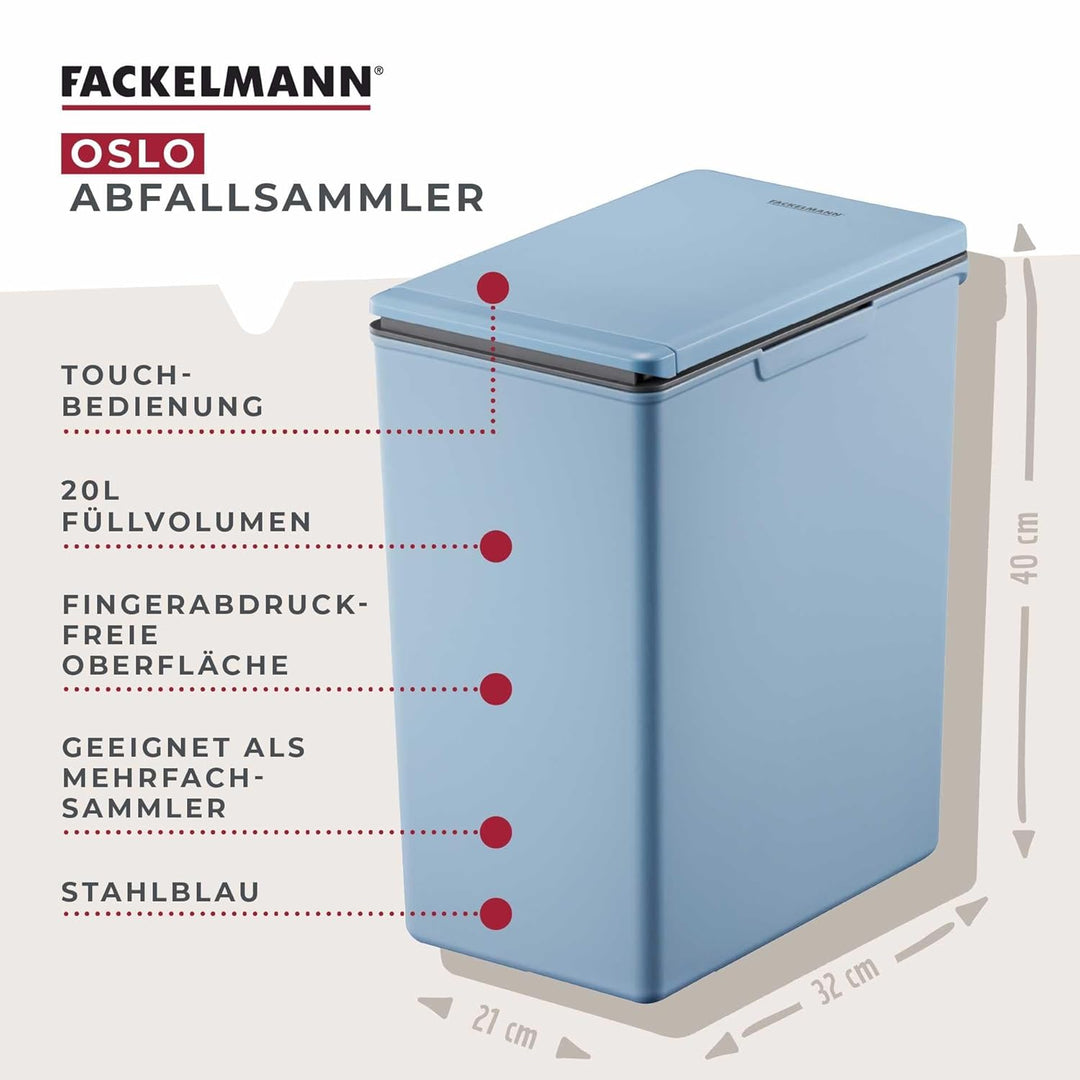 Fackelmann OSLO Touch Abfallsammler 20L, Stahlblau – Ideal als Mehrfachsammler, leicht & robust mit