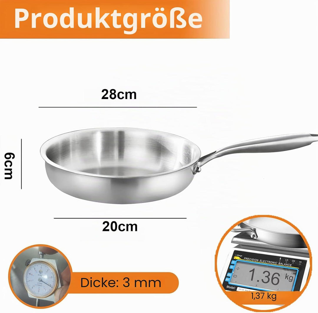 Edelstahlpfanne 28 cm mit Deckel, Unbeschichtete Bratpfanne für Induktion, Durchgehend 3-lagig (3 mm