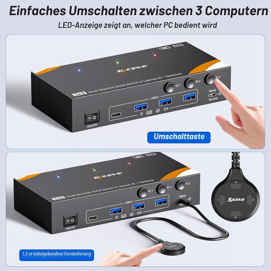 KVM Switch 3 PC 2 Monitore USB-C HDMI, USB 3.0 Dual Monitor KVM Switch für 2 Laptops 1 Desktop Teile