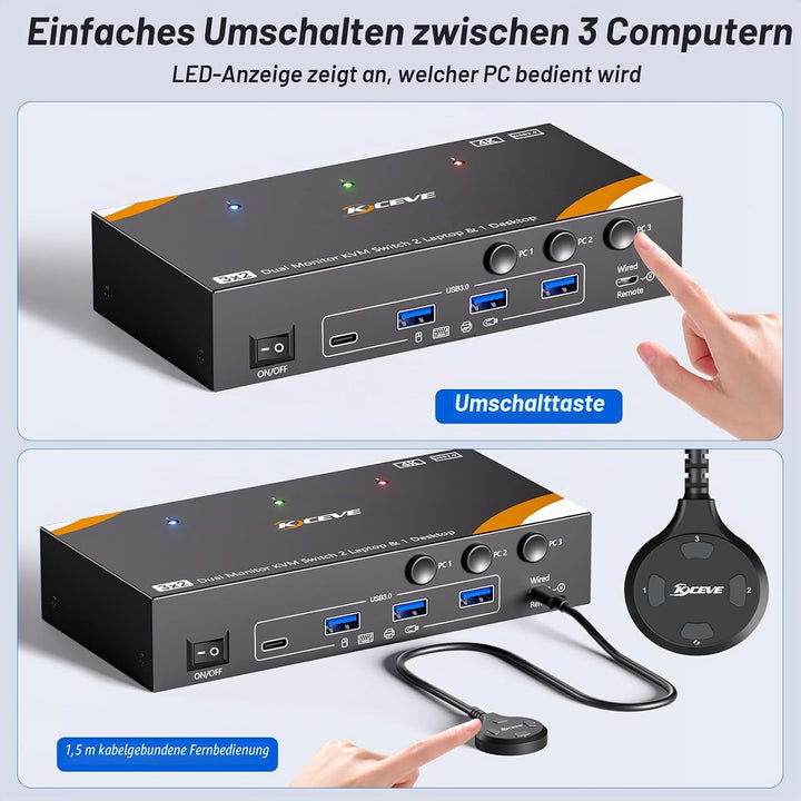 KVM Switch 3 PC 2 Monitore USB-C HDMI, USB 3.0 Dual Monitor KVM Switch für 2 Laptops 1 Desktop Teile