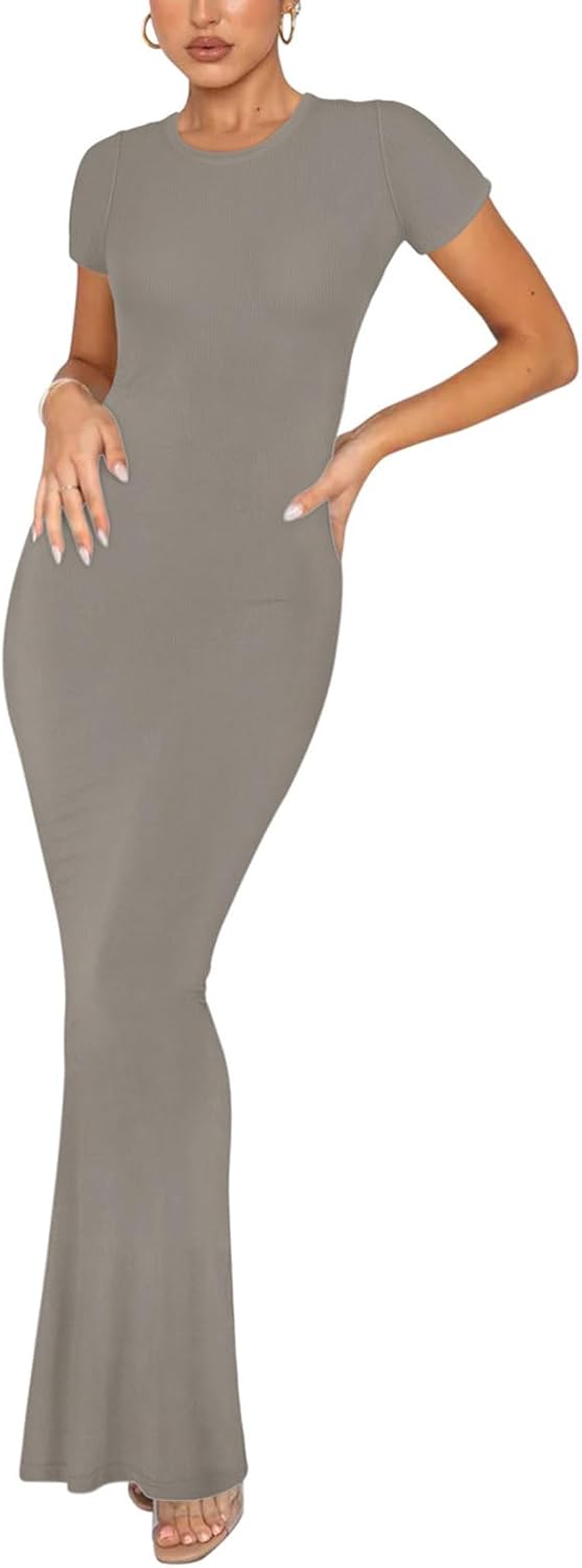 REORIA Damen Sommer Casual Lounge Langes Kleid Elegant Kurzarm Rundhalsausschnitt Figurbetontes Maxi
