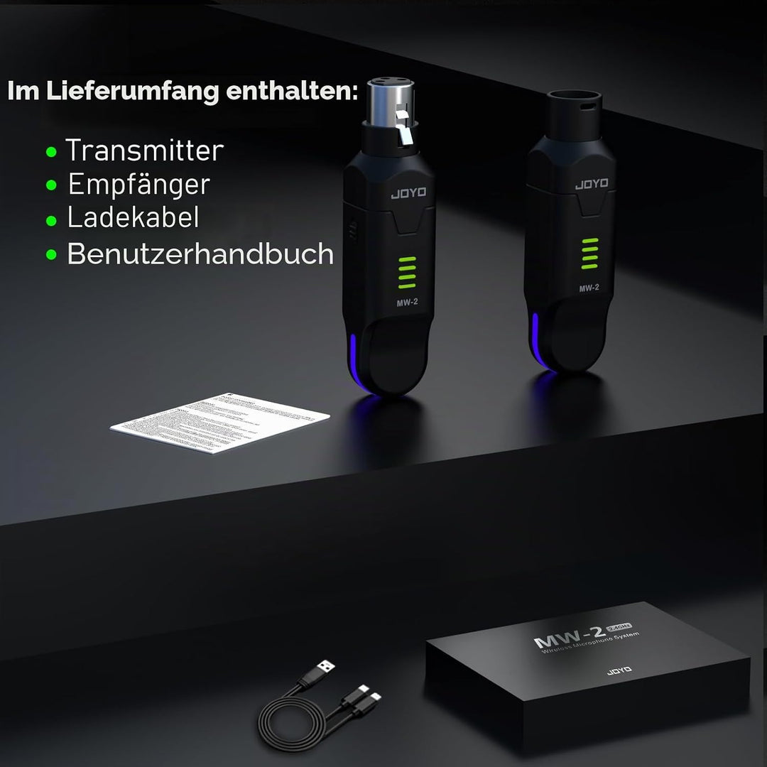 JOYO Kabelloses Mikrofonsystem, 2,4 GHz, 4 Kanäle, XLR-Sender/Empfänger für dynamisches Mikrofon/Pha