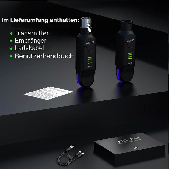 JOYO Kabelloses Mikrofonsystem, 2,4 GHz, 4 Kanäle, XLR-Sender/Empfänger für dynamisches Mikrofon/Pha
