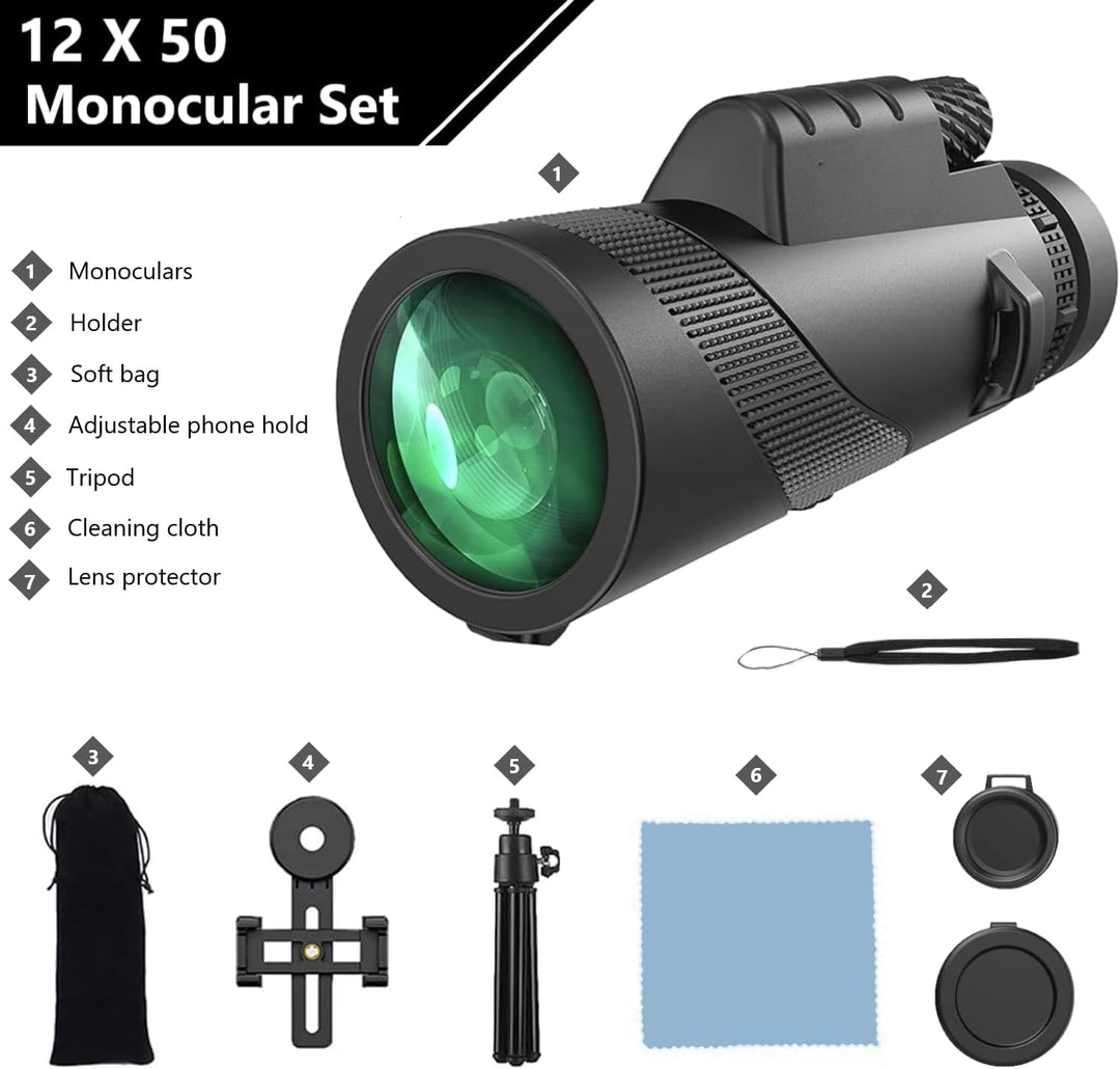 Monokular Teleskop, 12x50 Monoculars,mit BAK4-Prisma und FMC-objektiv, mit Smartphone Halterung stat