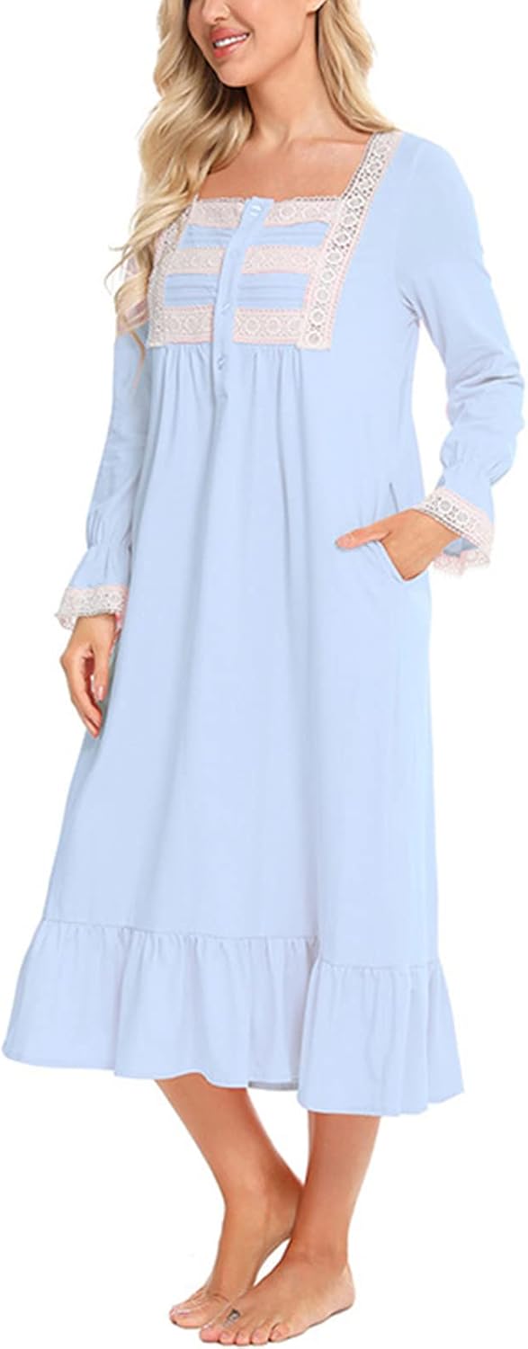 aromm Damen Weich Nachthemd Knopfleiste Viktorianisch Lange Ärmel Stillen Pyjama, S