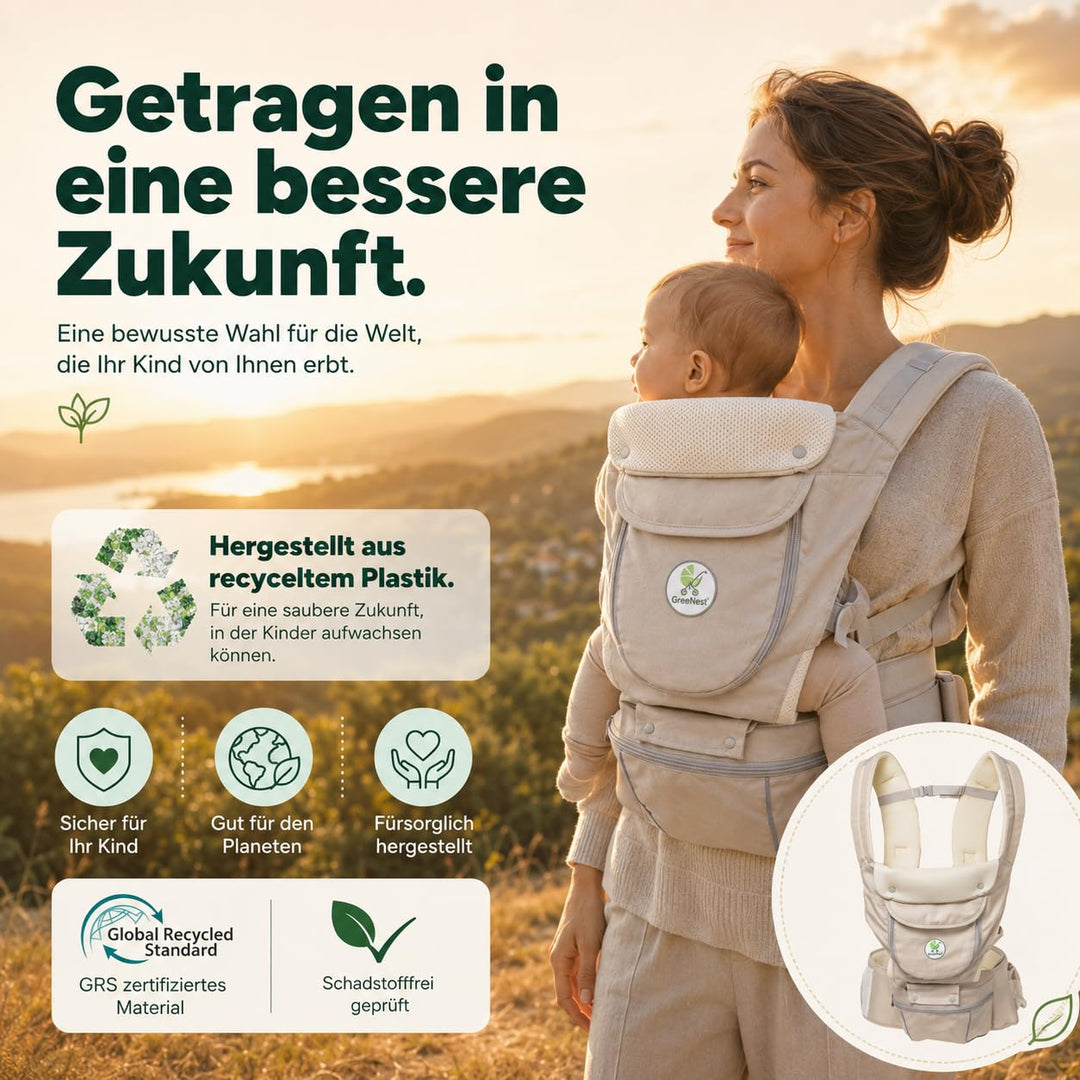 ÖKO Babytrage mit Hüftsitz 3 in 1 aus recycelten Materialien Bauchtrage, Hüfttrage &amp; Rückentrage - a