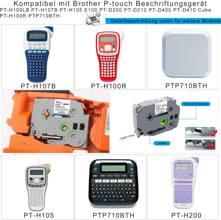 UNOKA 6 X Kompatibel für Brother TZe-231 TZe231 Beschriftungsgerät Bänder 12mm 0.47 Laminated White
