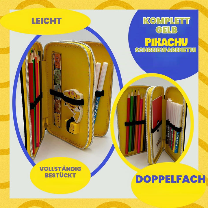 Pokémon Pikachu Federmäppchen mit Doppel-Fach – Komplettes Schulmäppchen mit Buntstiften, Filzstifte