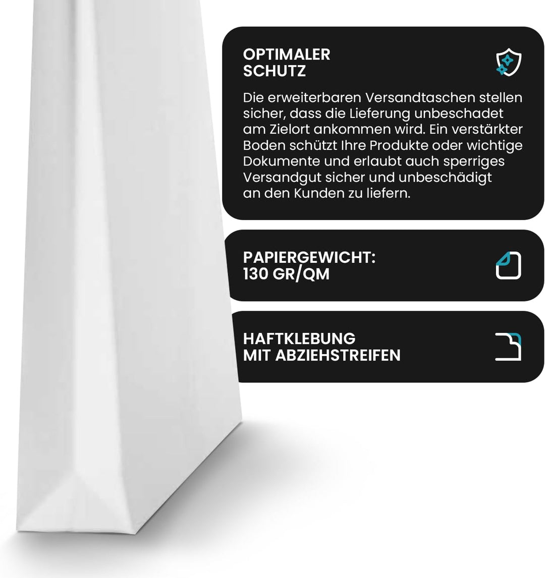 Netuno 50 x weisse Faltentaschen DIN B4 250× 353 mm 130g Kapazität-Versandtaschen ohne Fenster Falte