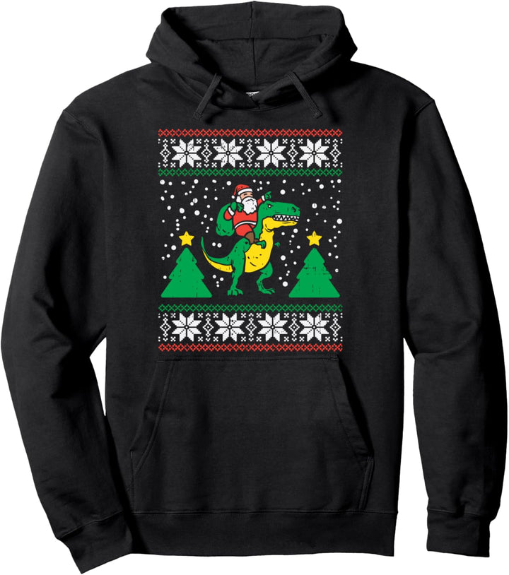 Santa Riding T-Rex Ugly Christmas Funny Dinosaur Xmas Gift Pullover Hoodie