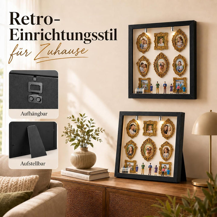 DIY Mini Museum Silhouette Box Set mit LED Licht – 8 Goldene Rahmen & 8 Figuren, Museum of Us, Mini