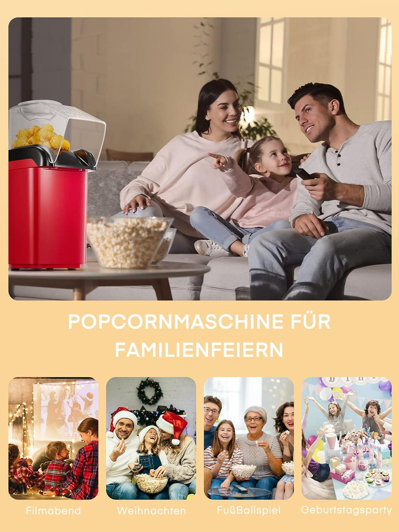 HOUSNAT Popcornmaschine, 1200W Heissluft Popcorn Maker ohne Öl, 2 Minuten Schnell Produktion, für Zu