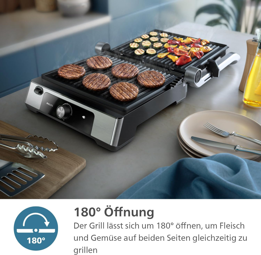 Philips Kontaktgrill - Einstellbare Temperatur 60°C-200°C. 180° aufklappbar. Grosse Grillfläche und