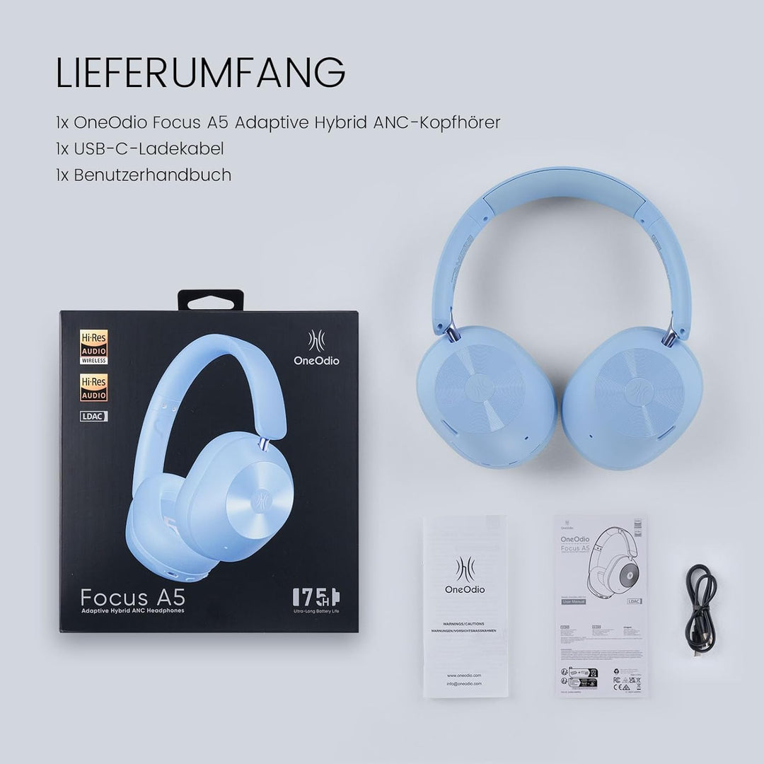 OneOdio A5 Over Ear Kopfhörer Kabellos Bluetooth, Hybrid Aktive Noise Cancelling, Hi-Res LDAC Audio,