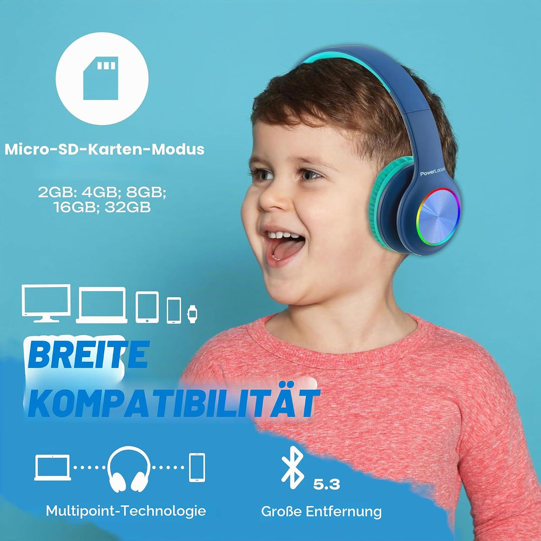 PowerLocus Kinderkopfhörer Bluetooth, Kinder Kopfhörer Kabellos mit LED-Leuchten und 94DB Lautstärke