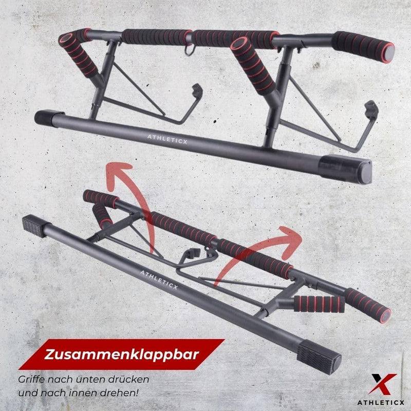 Athleticx Klappbare Klimmzugstange, Pull up bar – Klimmzugstange türrahmen [bis 200 kg], Fitnessgerä