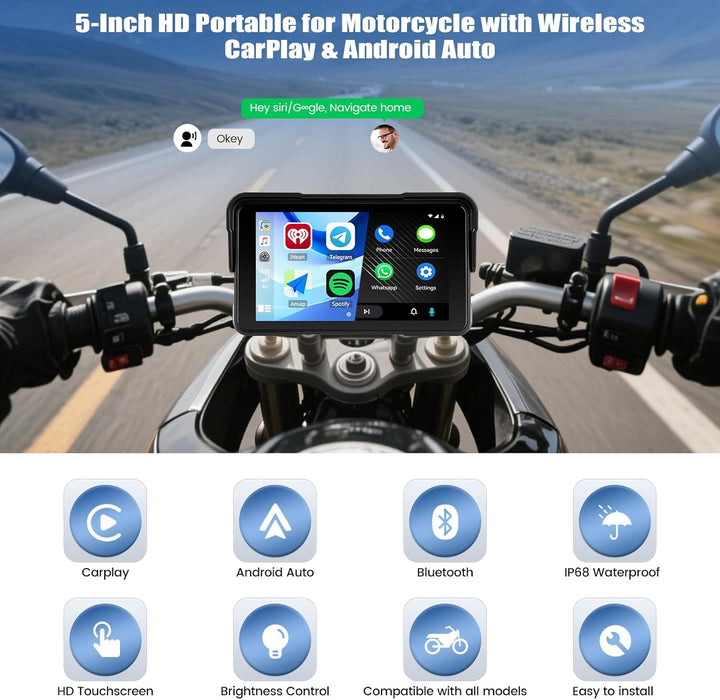 SIXWIN Motorrad Carplay Bildschirm für Moto mit Wireless Carplay Android Auto, 5 Zoll HD Touchscreen
