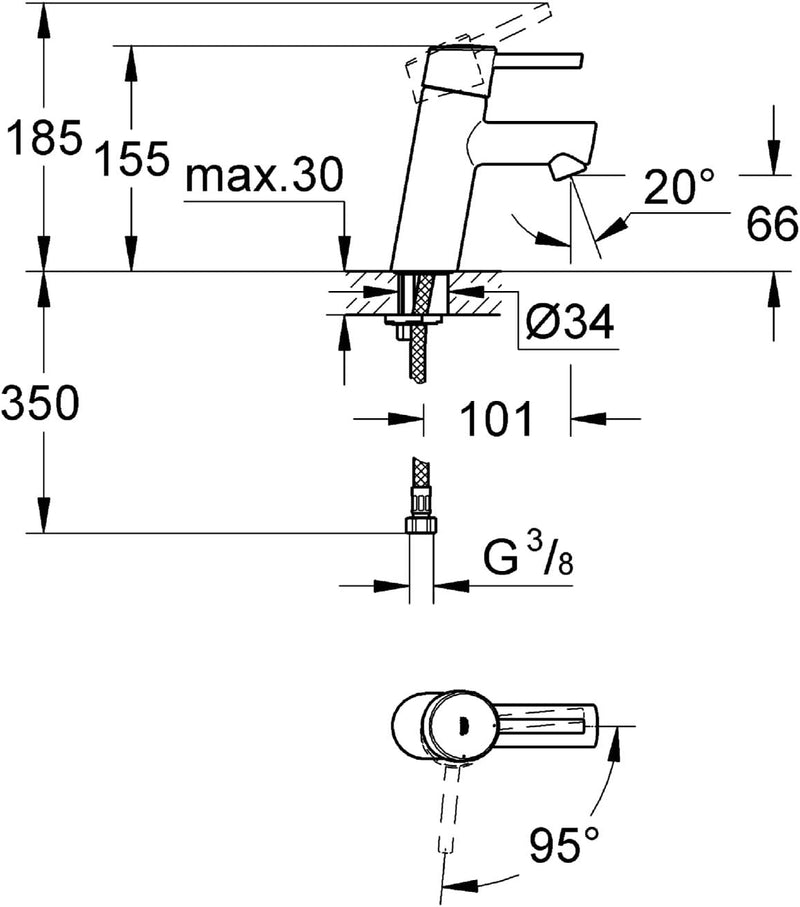 GROHE Concetto - Einhand-Waschtischarmatur (wassersparend, energiesparend, Mittelstellung kalt, lang