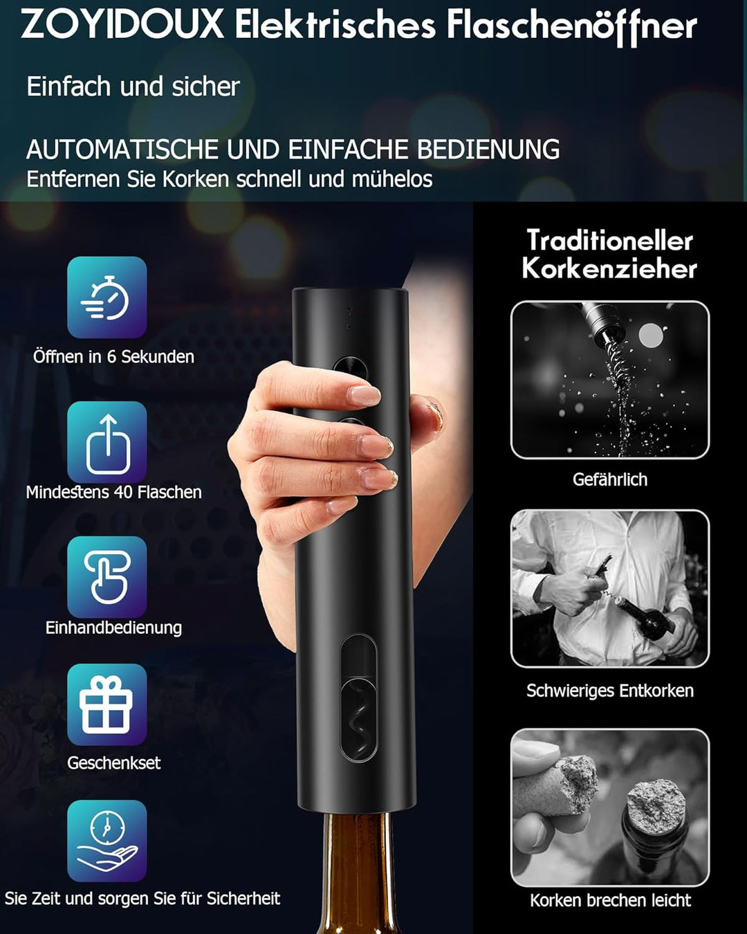 Elektrischer Weinöffner Rechargeable Set mit Standfuss – Elektrischer Korkenzieher USB-C mit Vakuum-
