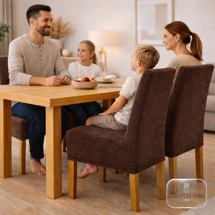 SCHEFFLER-Home Stuhlhussen 6er Set Leon Braun/elastische Wildleder Hussen für Stühle/Robustes Freisc