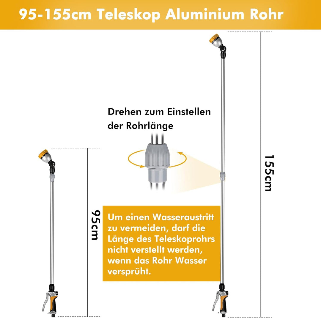 RESTMO Langer Teleskop Giessstab 92-152 cm, Lang Gartenbrause Metall mit 180° schwenkbaren Kopf, 7 S