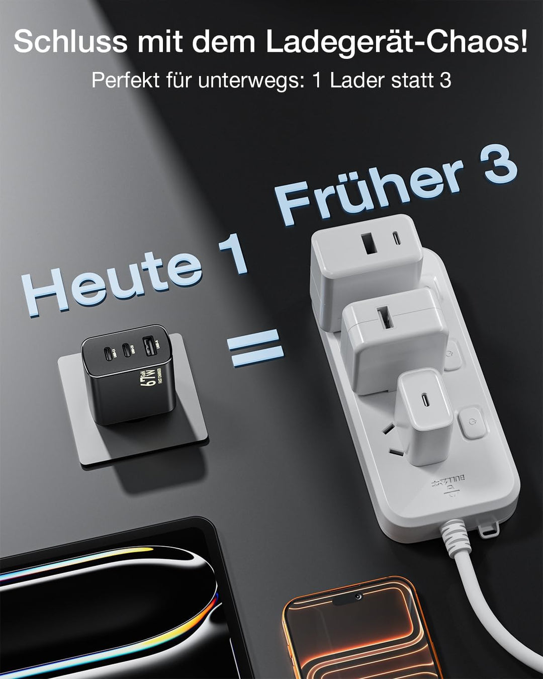 67W USB C Ladegerät 3-Port USB C Netzteil PD Charger 65W PPS Schnellladegerät für MacBook Pro/Air, i