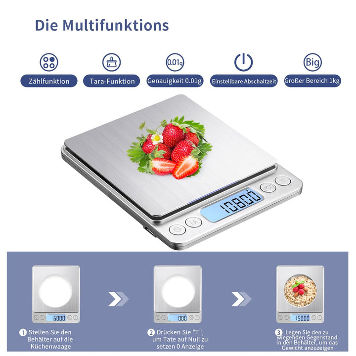 1kg/0.01g USB Aufladen Feinwaage Digitale Küchenwaage,Hochpräzise Grammwaage Digitalwaage Briefwaage