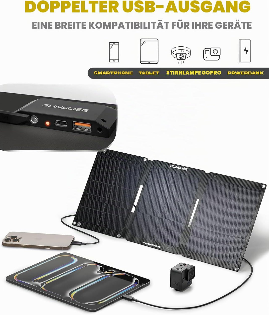 Solar Ladegerät Outdoor 22W – Hochleistungs faltbares Solarpanel mit USB-A, USB-C & DC5521 – Tragbar