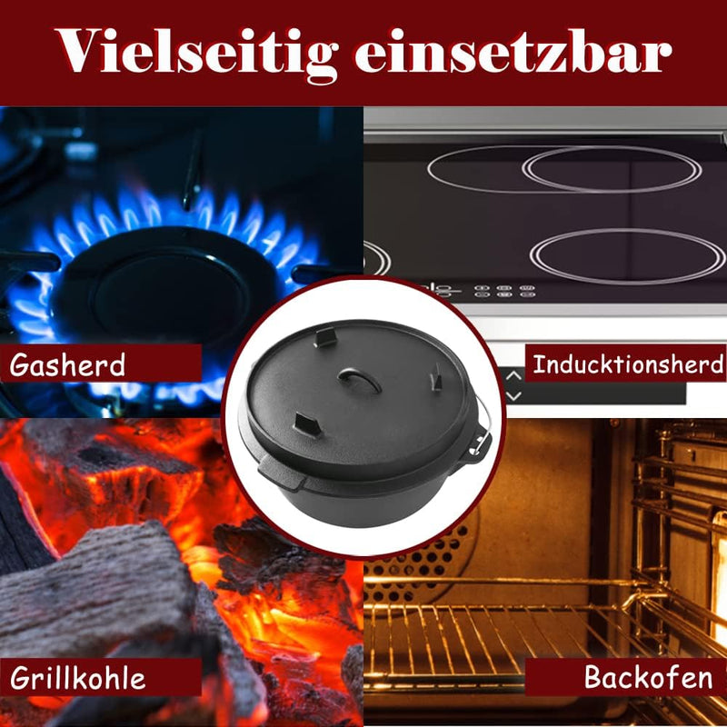 TRMLBE Dutch Oven Set in Holzkiste 12-teilig Gusseisen Kochtopf-Set mit Dutch Oven und viel Zubehör,