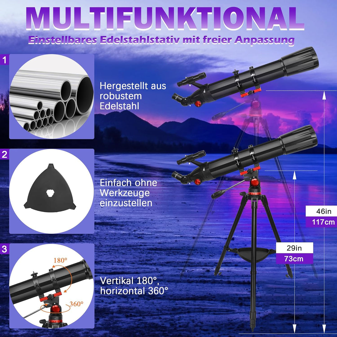HETEKAN Teleskop, Teleskop Astronomie für Erwachsene, 90 mm Öffnung 900 mm, Profi Refraktor Teleskop