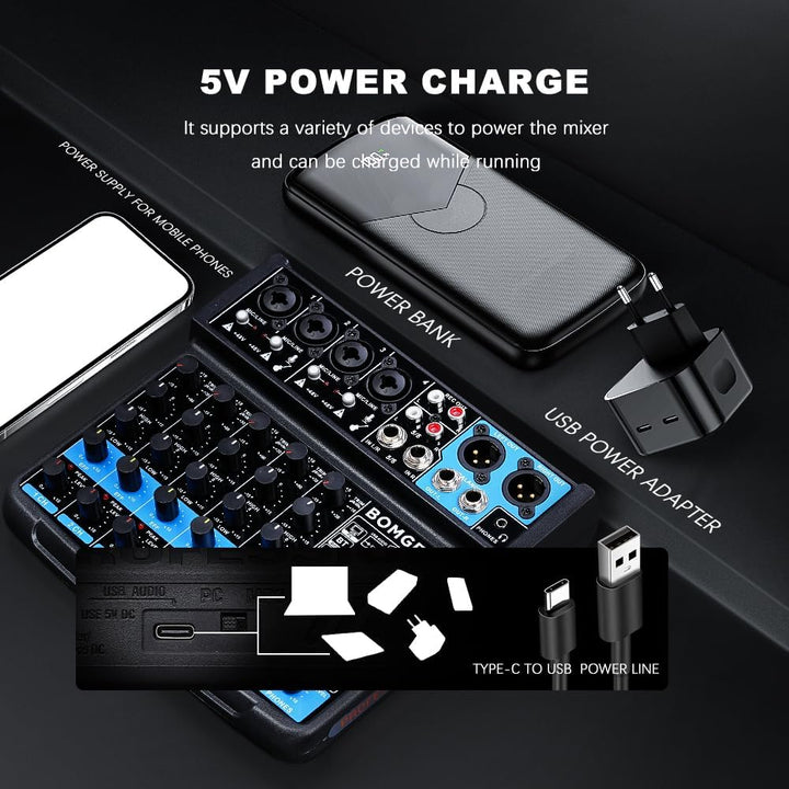 BOMGE 6-Kanal-Mini-DJ-Audio-Sound-Mixer-Konsole mit USB-Schnittstelle, Bluetooth, Stereo-Aufnahme, 4