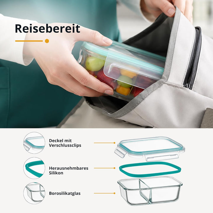 Winter Shore Meal Prep Boxen Glas mit 2 Fächern (5er-Pack) - Lebensmittelsichere, BPA-Freie, Auslauf