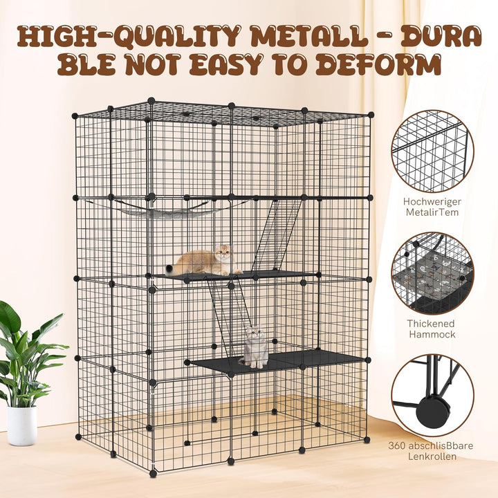 Aufun Grosser Katzenkäfig 4 Ebene aus Metall mit 2 Leitern DIY Katzenlaufstall Zusammenklappbarer Ka
