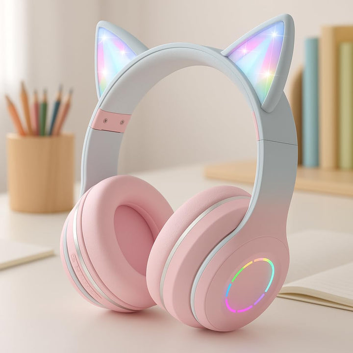 OHAANYY Katzenohr Kopfhörer Kindergeburtstag Geschenke Kind LED Katzenohren Farbgradient Kabellose B