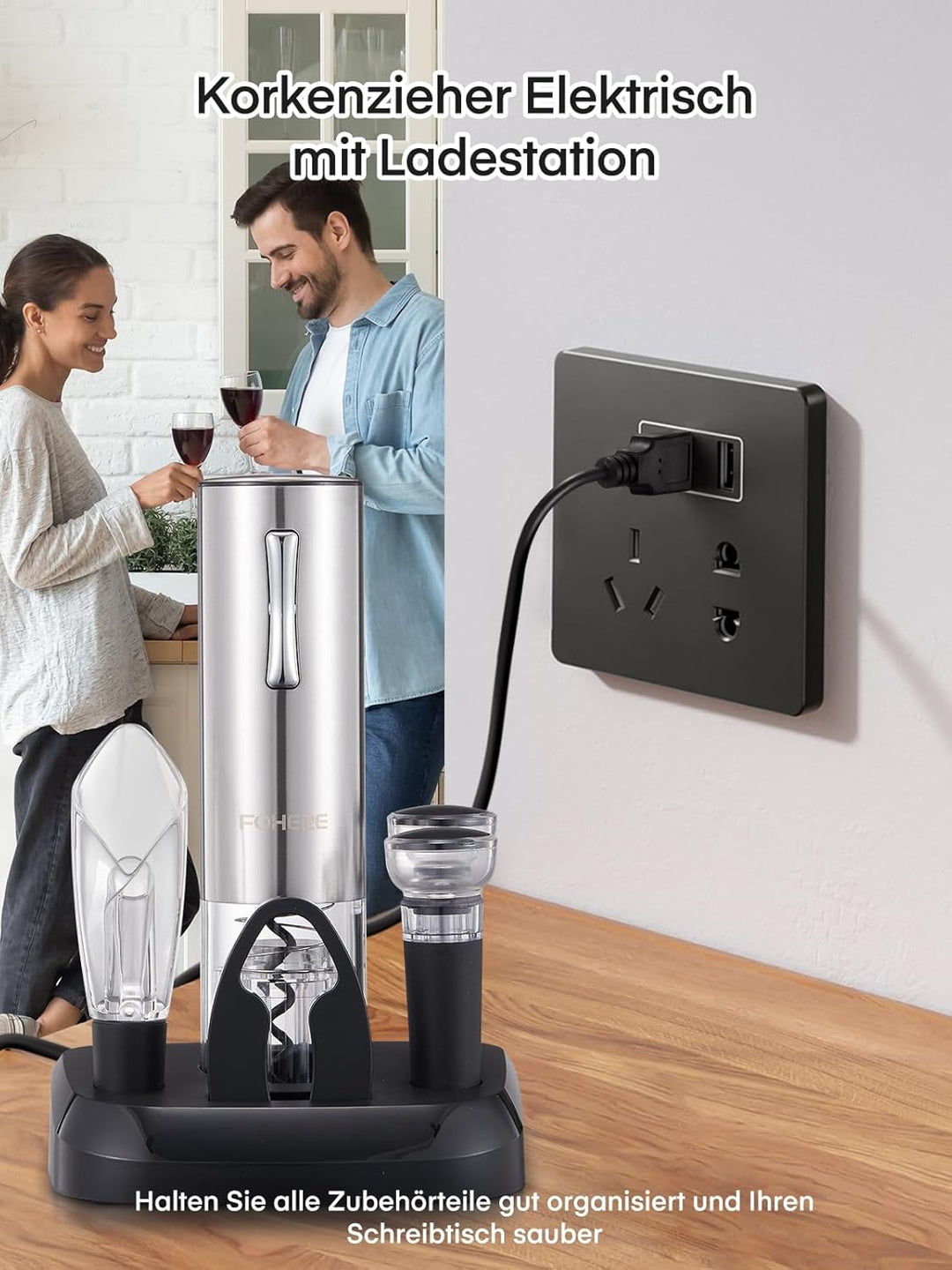 FOHERE Korkenzieher Elektrisch, mit Folienschneider, Ausgiesser, Vakuumpumpe, und Ladestation, Kabel
